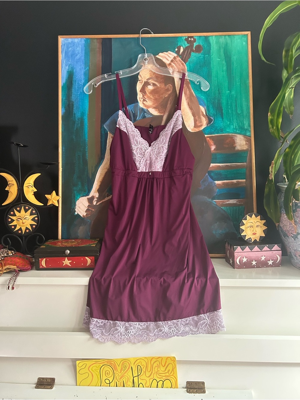 Mlle Gabrielle Plum Lace Trim Satin-Look Slip Nightgown Size Large